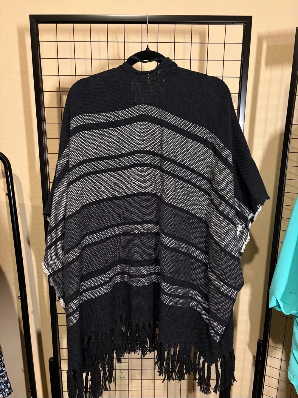 Aerie Boho Striped Black & White Fringe Ruana Poncho One Size Kimono